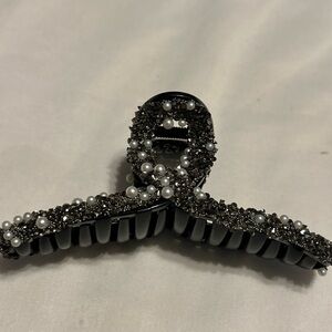 Hair Clip Claw Unique Silver Glitter Speaks & Pearls Large Black W/ Pearl